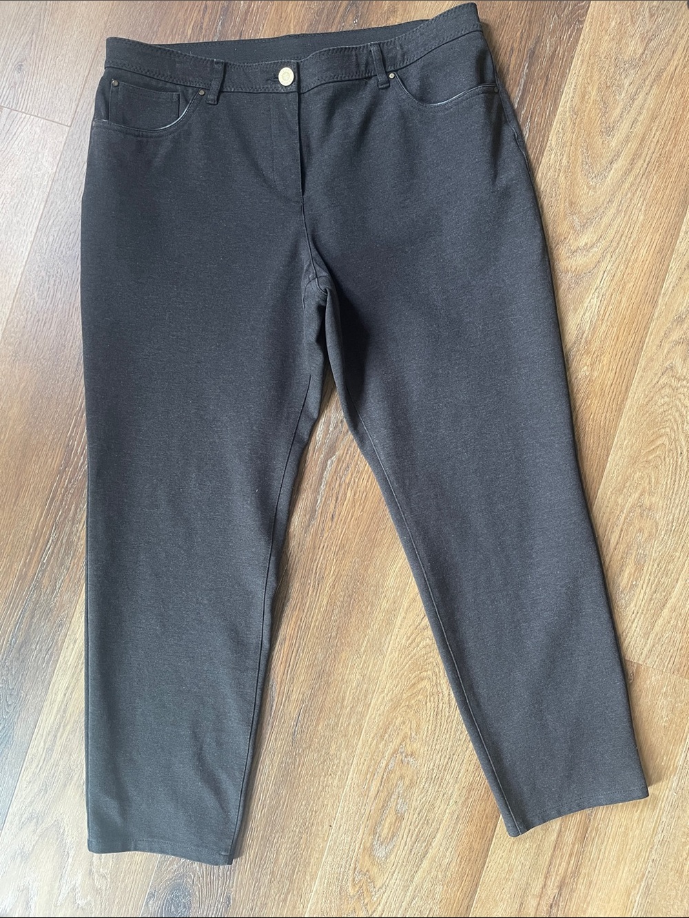 Chico’s so slimming dark gray pants, five pockets, size 14 short